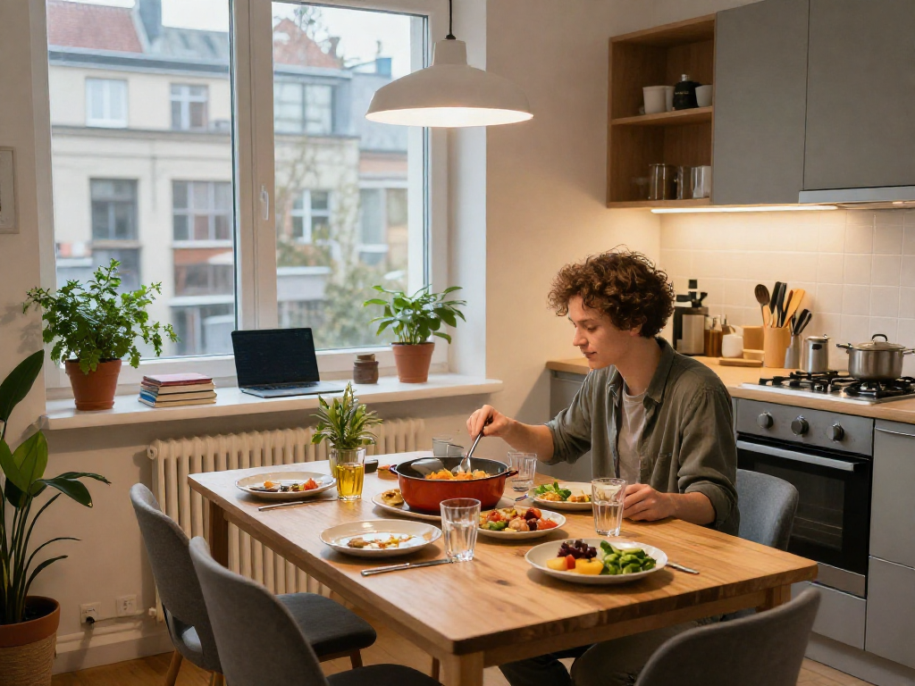 Monteuerzimmer mieten Hannover - Gemütliche Wohnungsszene mit modernen Küchenelementen und jungen sozialen Abendessen.