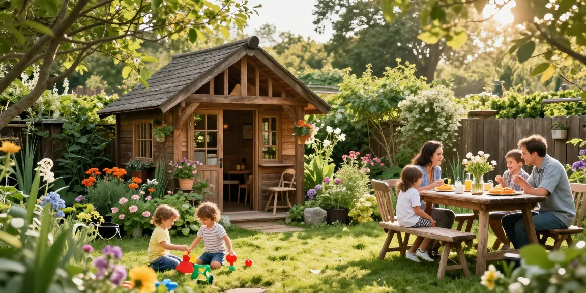 Gartenhaus Holz umgeben von Blumen und einer Familie beim Grillen, einladende Atmosphäre.