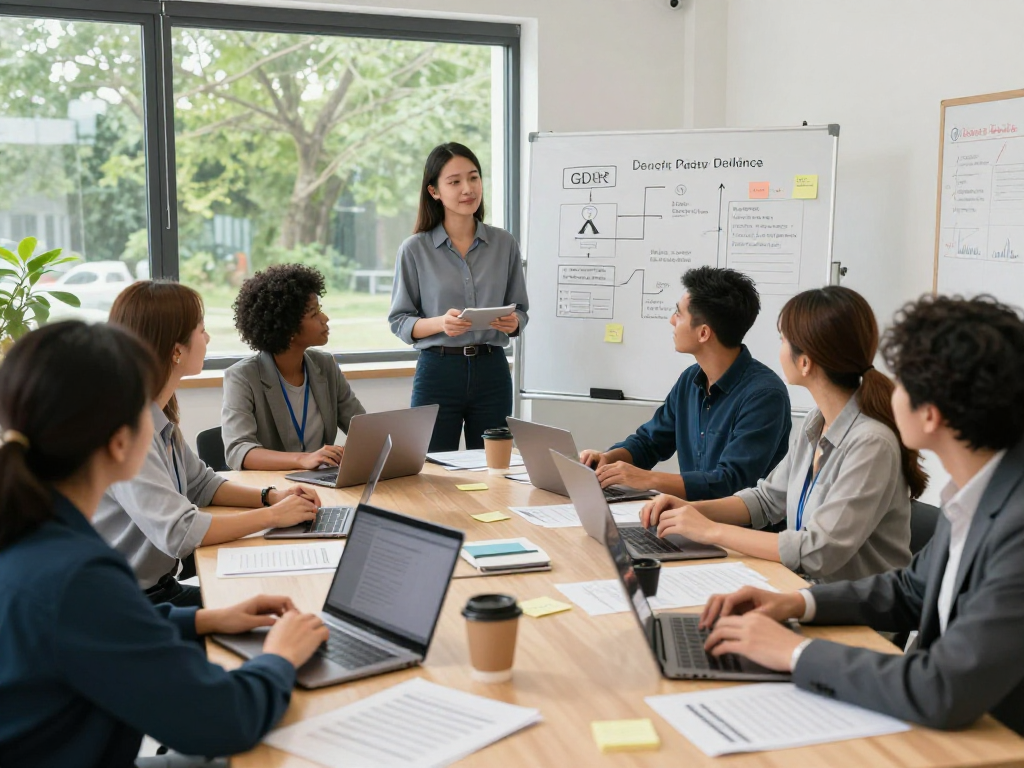 Soziale Einrichtungen bei einer Besprechung zu Datenschutz und Barrierefreiheit, Fachkräfte diskutieren Strategien.