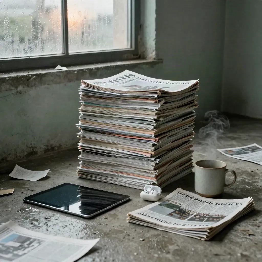 Magazinstapel, Tablet, Kopfhörer und Tasse im Morgenlicht auf nassem Beton.
