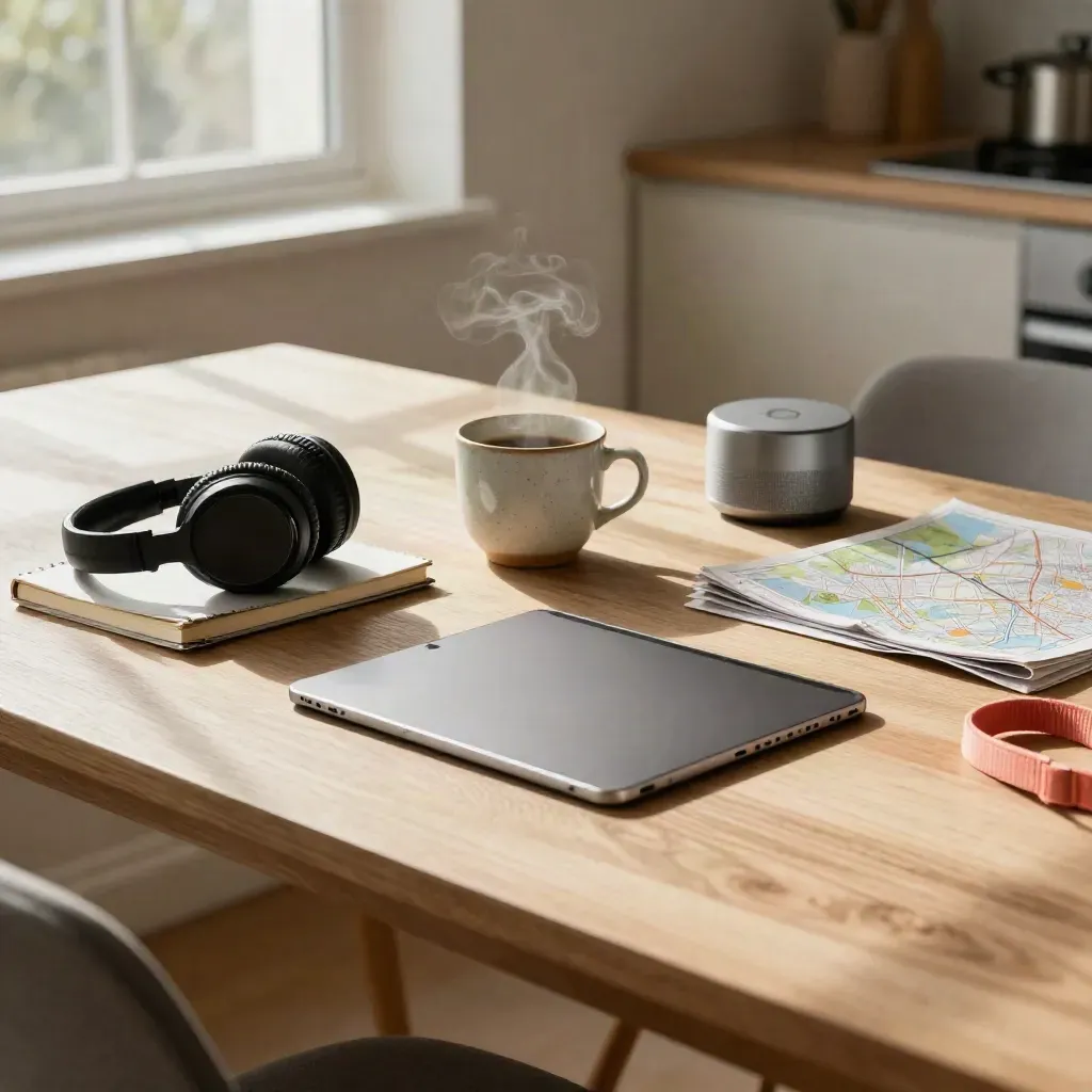 Tablet, Kopfhörer, Notizbuch, Kaffeetasse, Lautsprecher und gefaltete Karte auf einem hellen Holztisch.