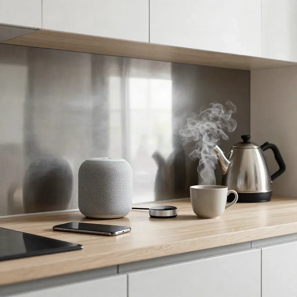 Smart Speaker, Handy, Ladestation und Kaffeetasse in heller Küche mit aufsteigendem Dampf