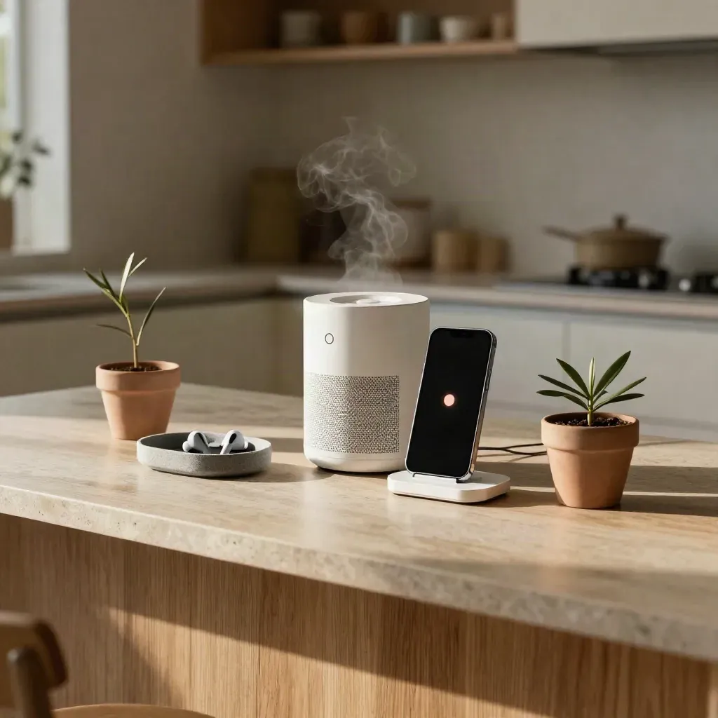 Smart-Home-Speaker, Handy und Kopfhörer auf der Kücheninsel im Morgenlicht.