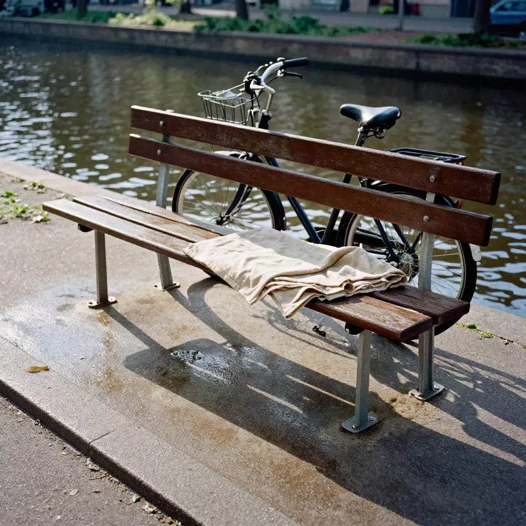 Nasse Berlin-Kanaluferbank mit Fahrrad, Picknickdecke und sonnigen Treppen im Sommerpark.