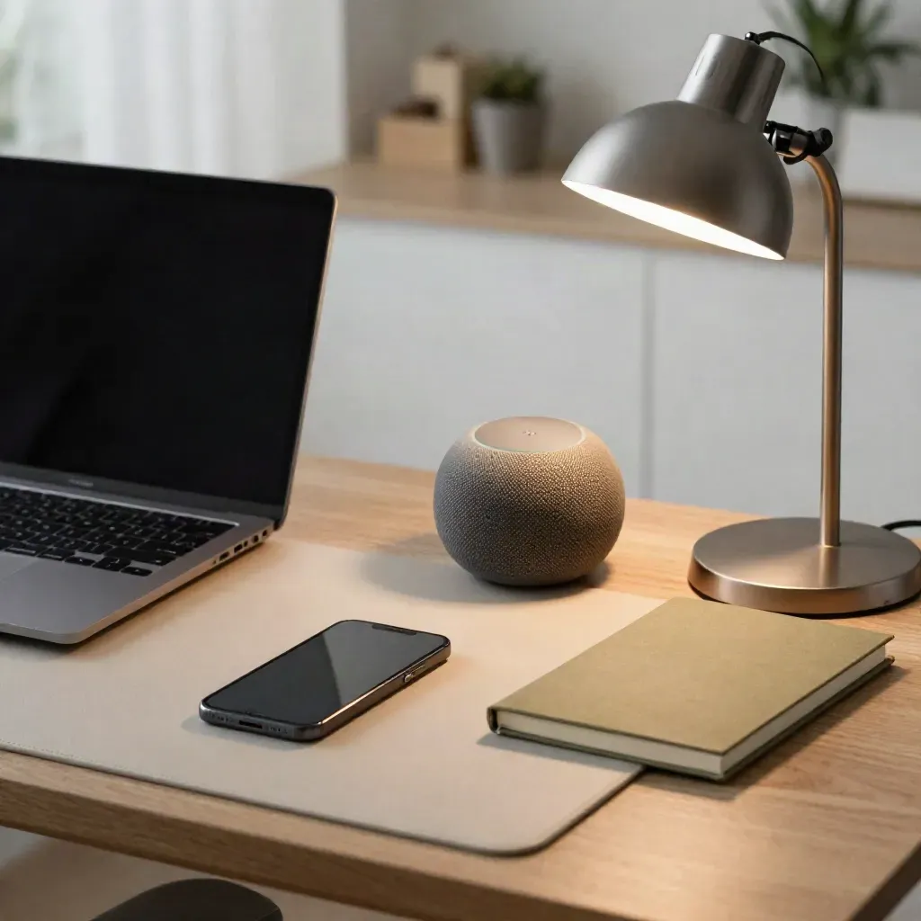 Tisch mit Smartphone, Laptop, Smart Speaker und Notizbuch im aufleuchtenden Morgenlicht.