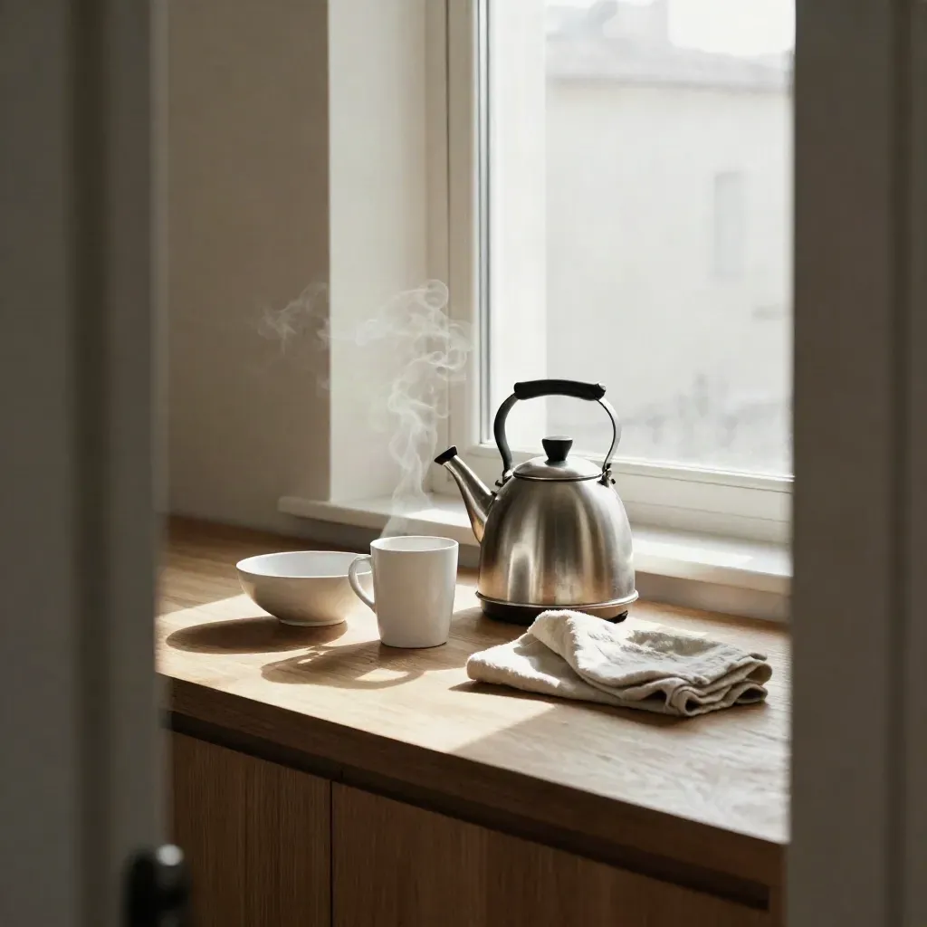 Frühmorgens auf der Küchentheke: Kessel, Tasse, Schale und Leinen im weichen Fensterlicht.