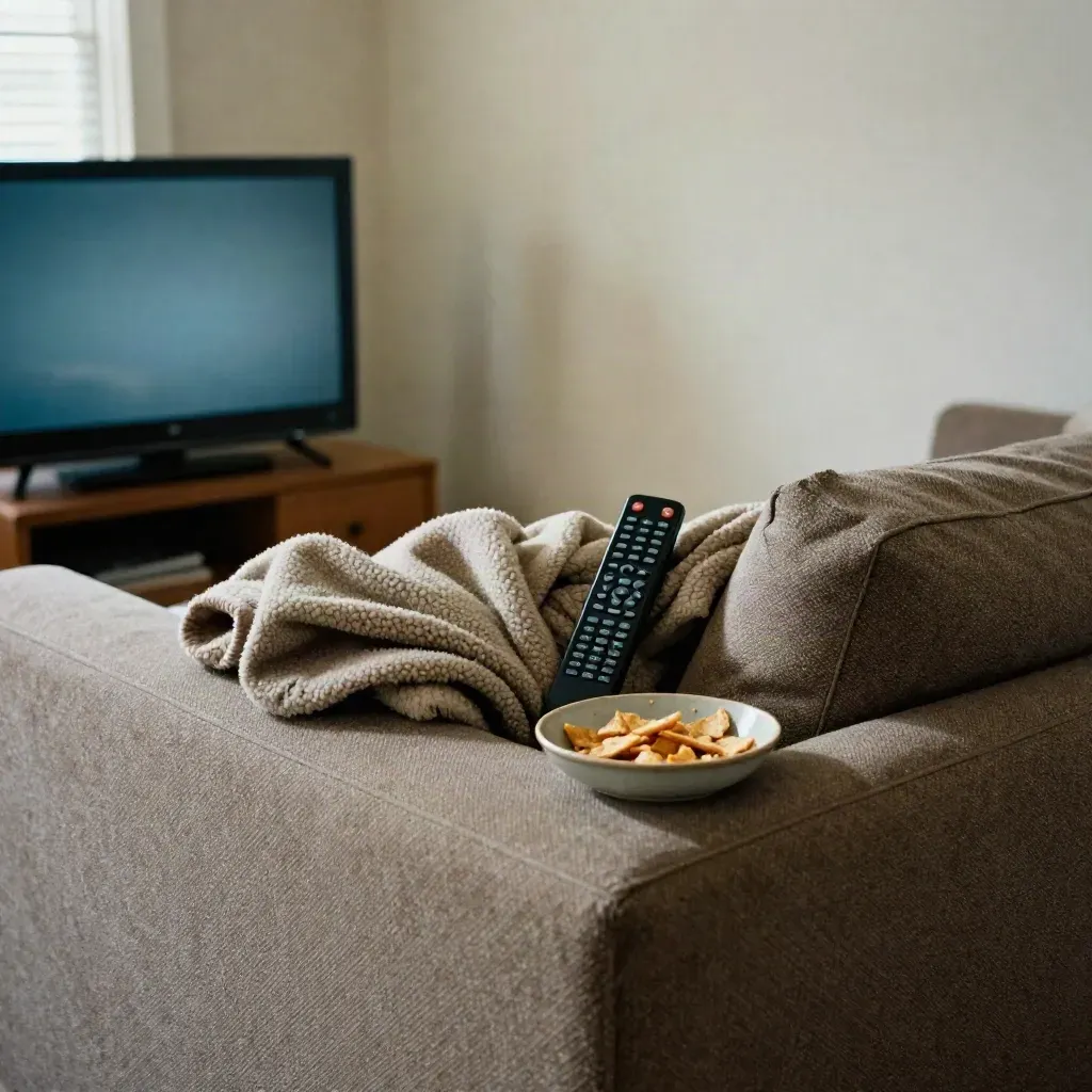 Sofa mit Pausebildschirm, Fernbedienung, Decke und Snacks im warmen Wohnzimmerlicht.