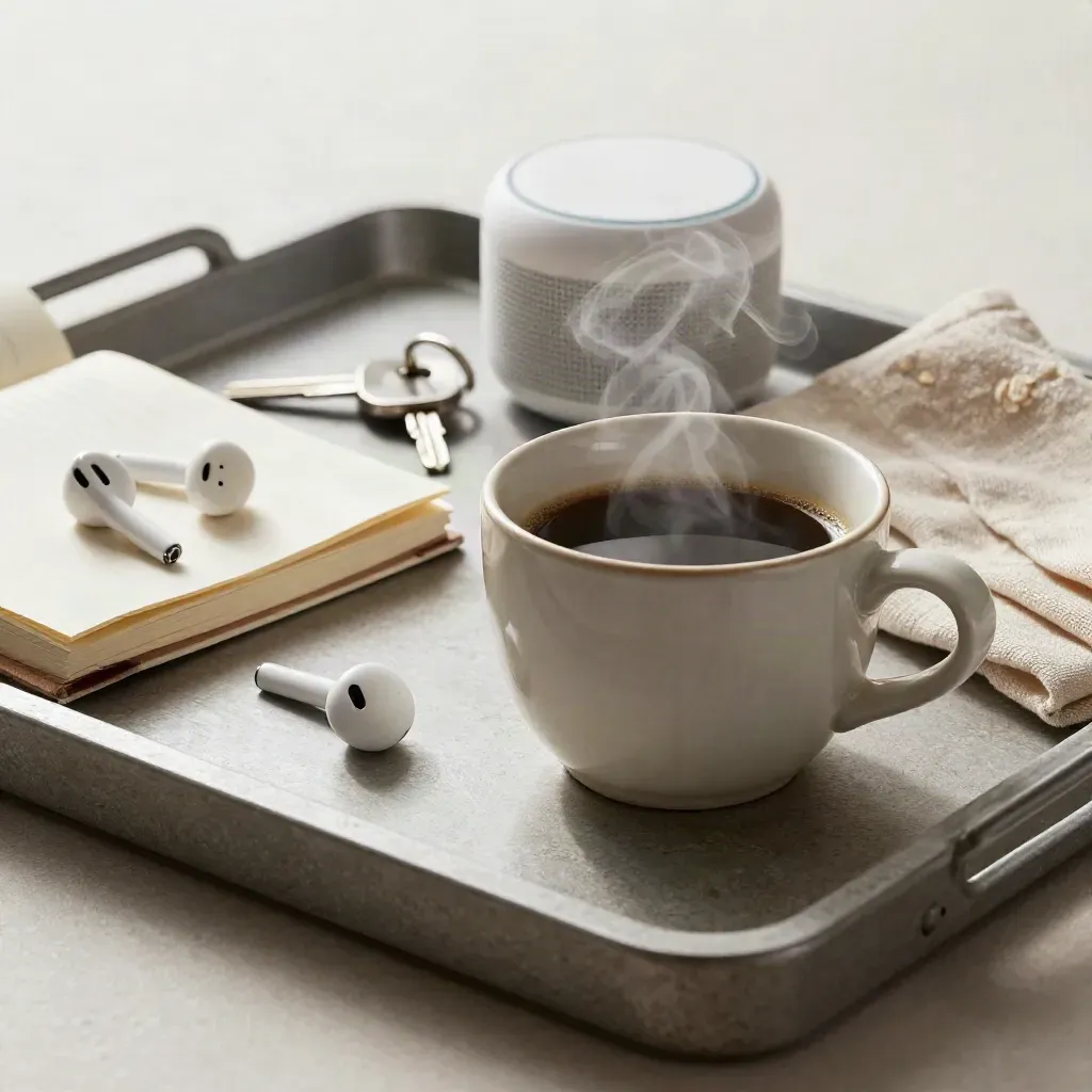 Weiße Kopfhörer, Tasse mit Dampf, Notizbuch, Schlüssel und Lautsprecher auf Steinschale.