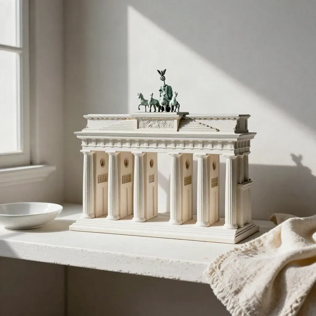 Miniatur des Brandenburger Tors mit weißer Schale und gefaltetem Tuch im Seitenlicht.