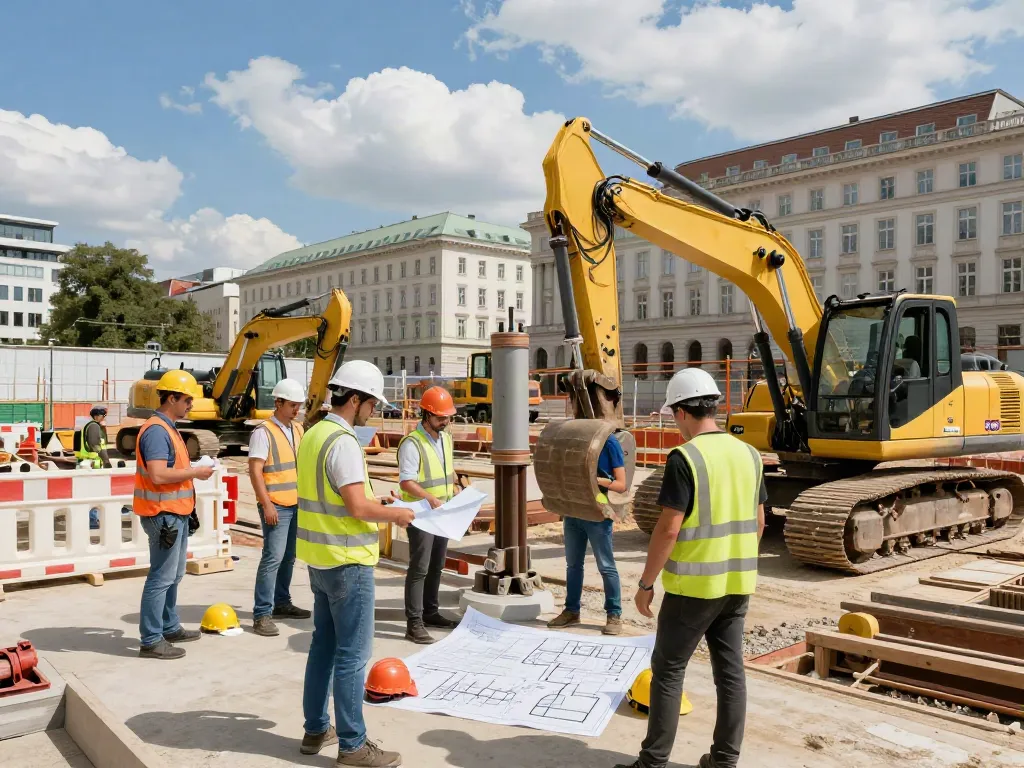 Baugrubensicherung Wien auf einer Baustelle in Wien, wo Ingenieure und Baustellenarbeiter zusammenarbeiten.