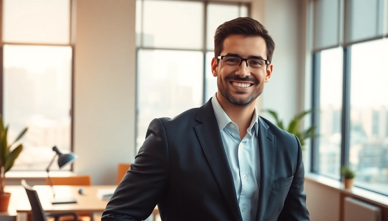 Professionelles Business Portrait München eines lächelnden Geschäftsführers in moderner Büroumgebung.