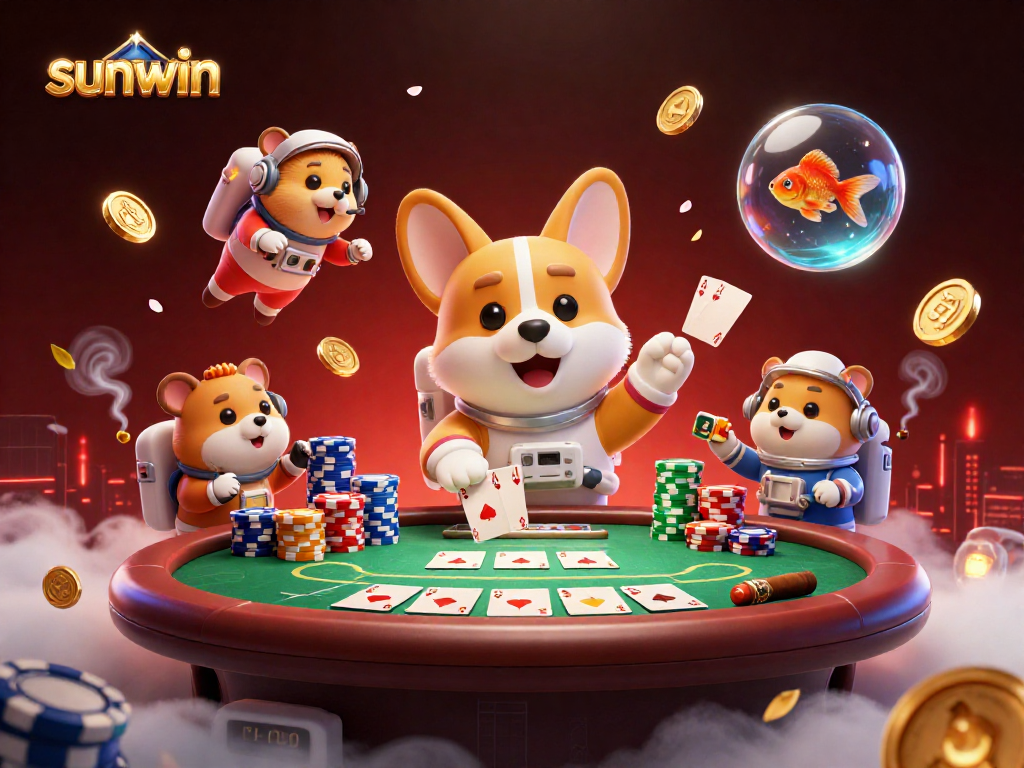 Experience thrilling gameplay at sunwin as a corgi floats in a casino space station surrounded by poker elements.