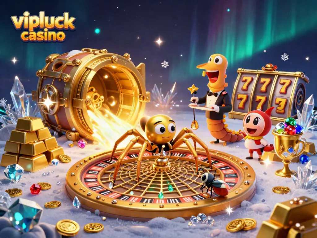 Experience the excitement at vipluck casino with a vibrant 3D scene of a golden spider and croupier.