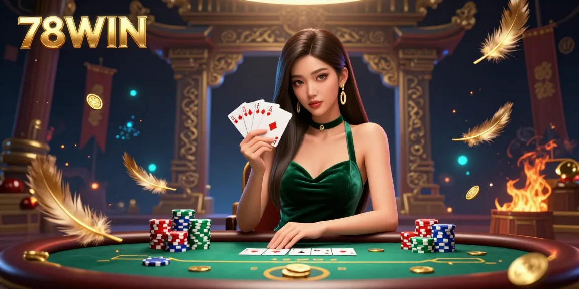 Experience the thrill of winning at 78WIN with a stunning Asian woman expertly playing poker amidst vibrant casino elements.