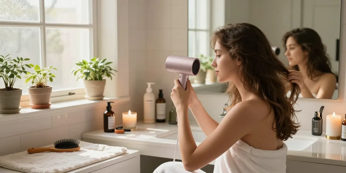 Youthful woman styling hair with a small hair dryer in a bright bathroom, showcasing personal care products.