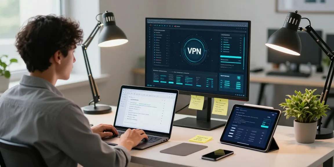Mullvad VPN Sicherheit - A secure workspace with VPN interface and cybersecurity metrics demonstrating modern digital privacy.