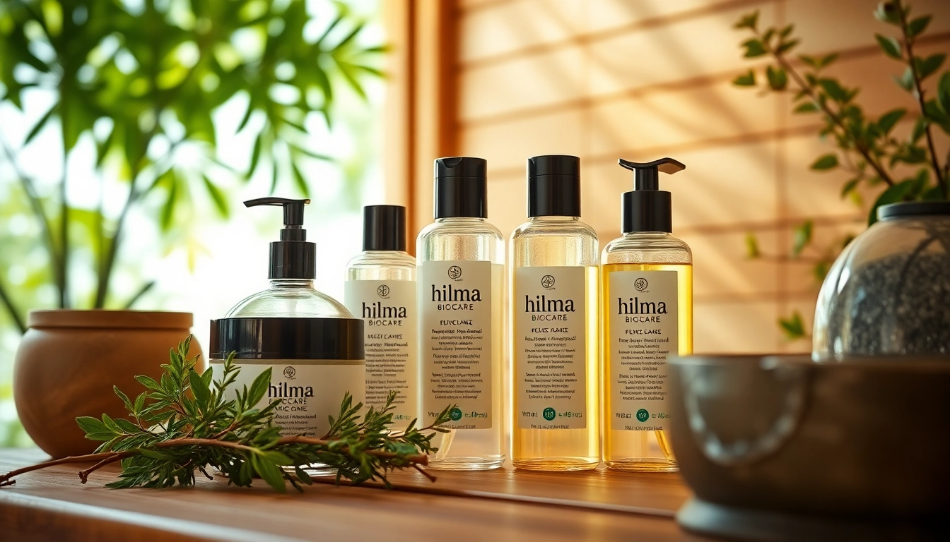 Hilma biocare products displayed among serene spa elements, promoting wellness and relaxation.