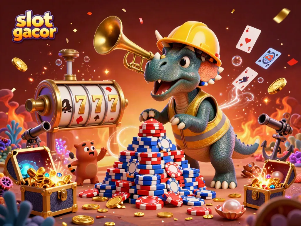 Engage with slot gacor character designs, featuring a lively triceratops and celebratory elements.