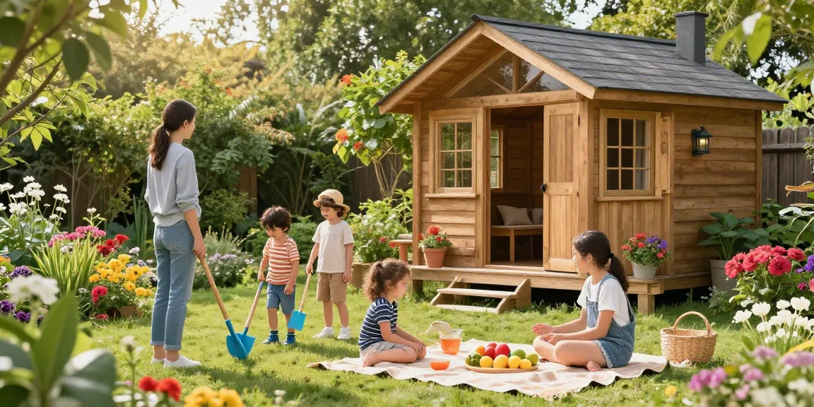 Gartenhaus kaufen: Familie genießt neues Holz-Gartenhaus, Kinder spielen mit Werkzeugen in blühendem Garten.