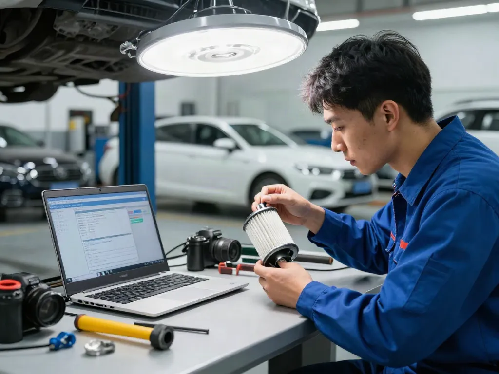 Mechaniker bei der DPF Reinigung in einer gut organisierten Werkstatt, umgeben von Werkzeugen und Autoteilen.
