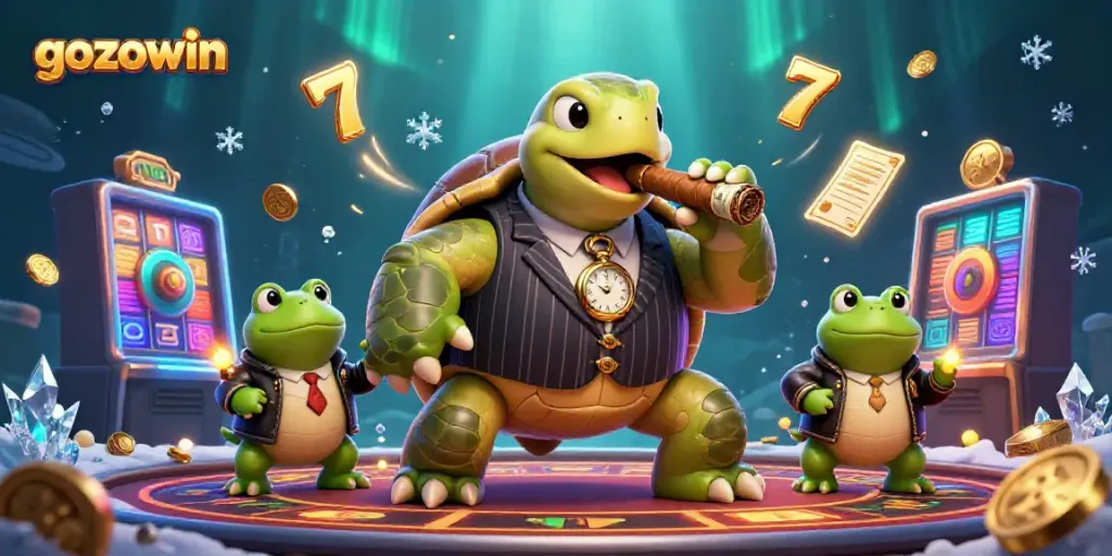 Experience top-notch gaming with gozowin, featuring vibrant casino characters and lively slot machine elements.