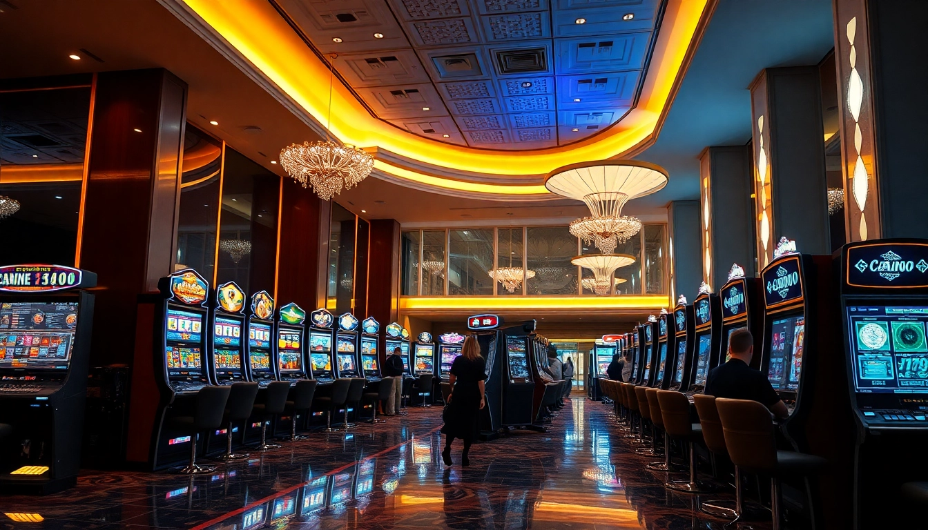 Erlebe den Casino Bonus in einem lebhaften Casino mit eleganten Spielautomaten und geladenen Gästen.