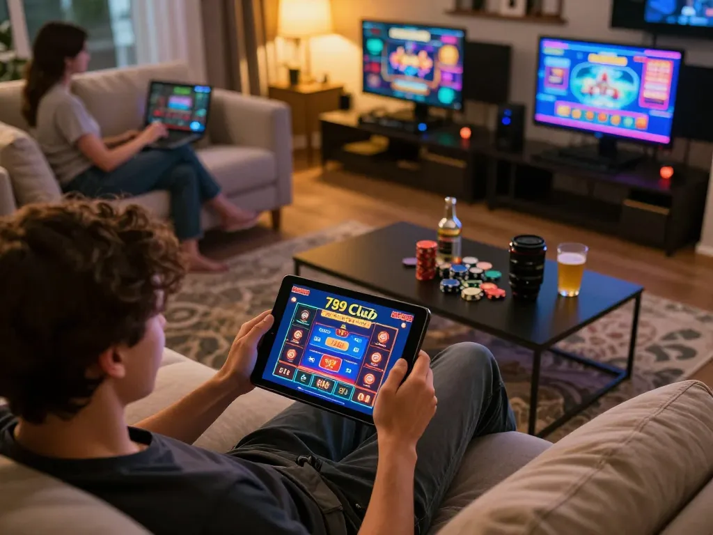 Người chơi hứng thú thưởng thức các trò chơi casino trực tuyến 789 Club với máy tính bảng trong không gian ấm cúng tại nhà.