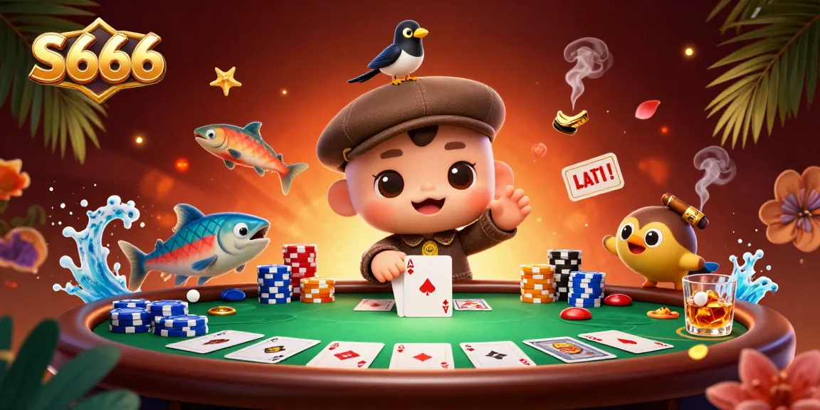 S666 poker scene illustrated with Nessie and friends enjoying gaming excitement and vibrant casino elements.
