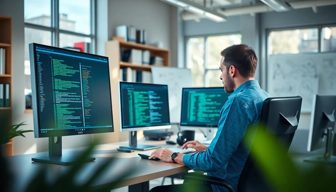 Shopware Entwickler am modernen Arbeitsplatz zeigt Engagement mit innovativem Design.