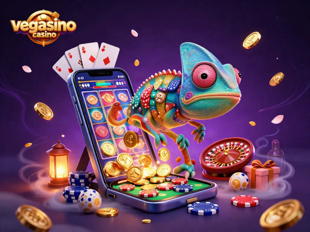 Experience exhilarating gameplay at Vegasino Casino with the colorful chameleon owner and dynamic casino elements.