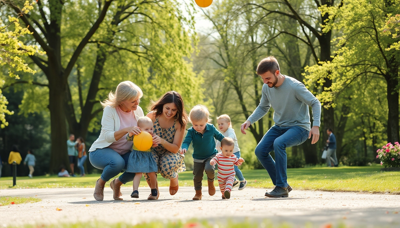 Kindererziehung in einer liebevollen Familienszene mit Eltern und Kind im Park, die zusammen spielen.