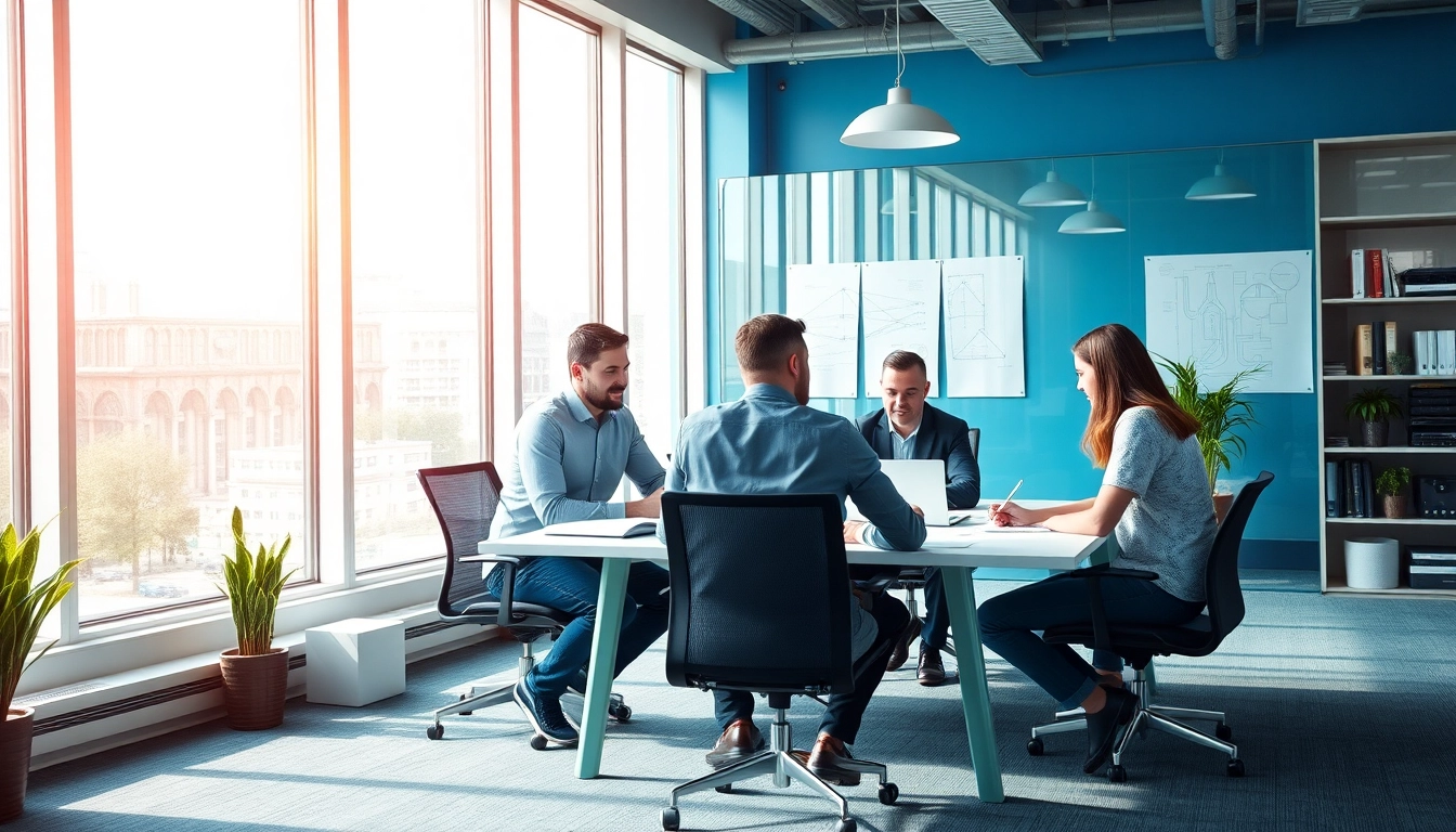 Headhunter Ingenieure beraten in einem modernen Büro mit technischen Plänen und Displays.