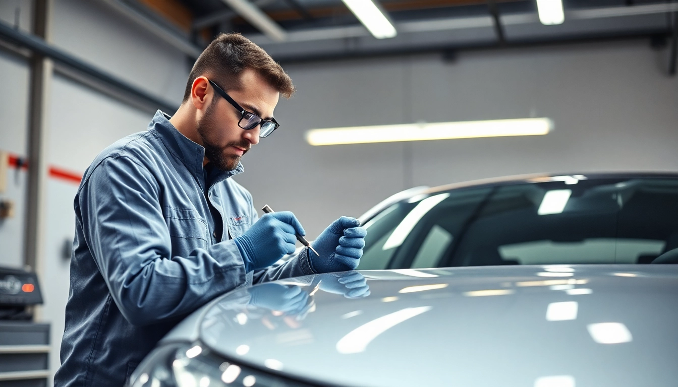 Dellenreparatur München (PDR): Mechaniker arbeitet professionell an einem neuen Auto.