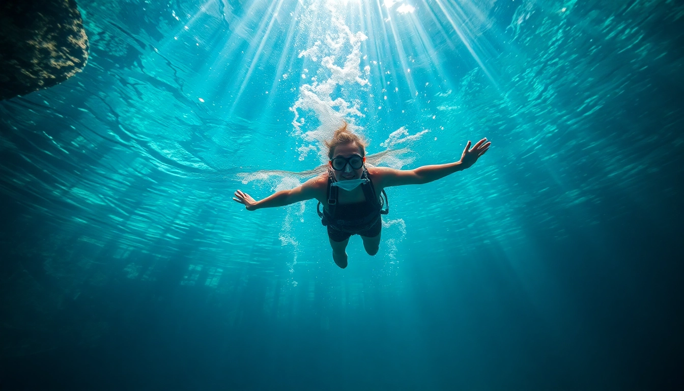 Tauchen Cenotes: Ein Taucher erkundet das kristallklare Wasser eines Cenotes, umgeben von beeindruckenden Kalksteinwänden.