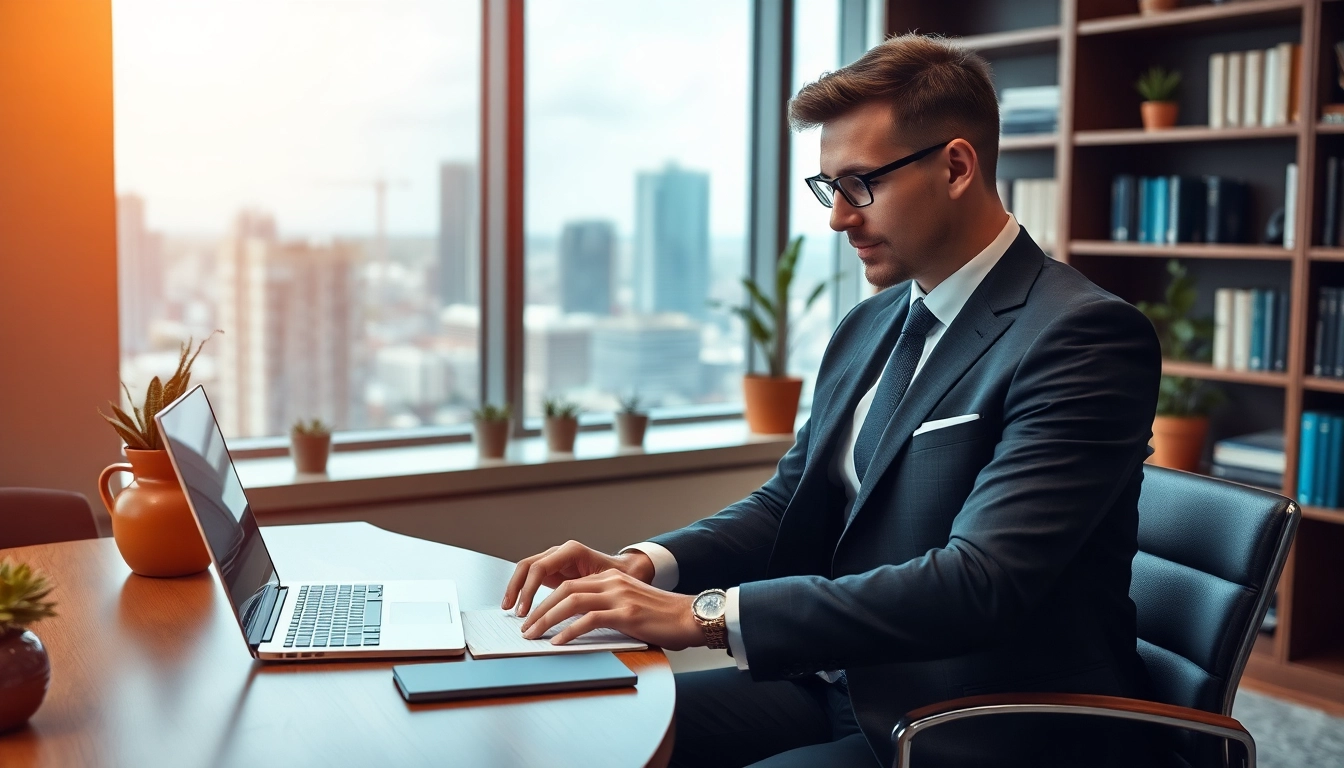 Headhunter CEO arbeitet konzentriert in modernem Büro mit Laptop.