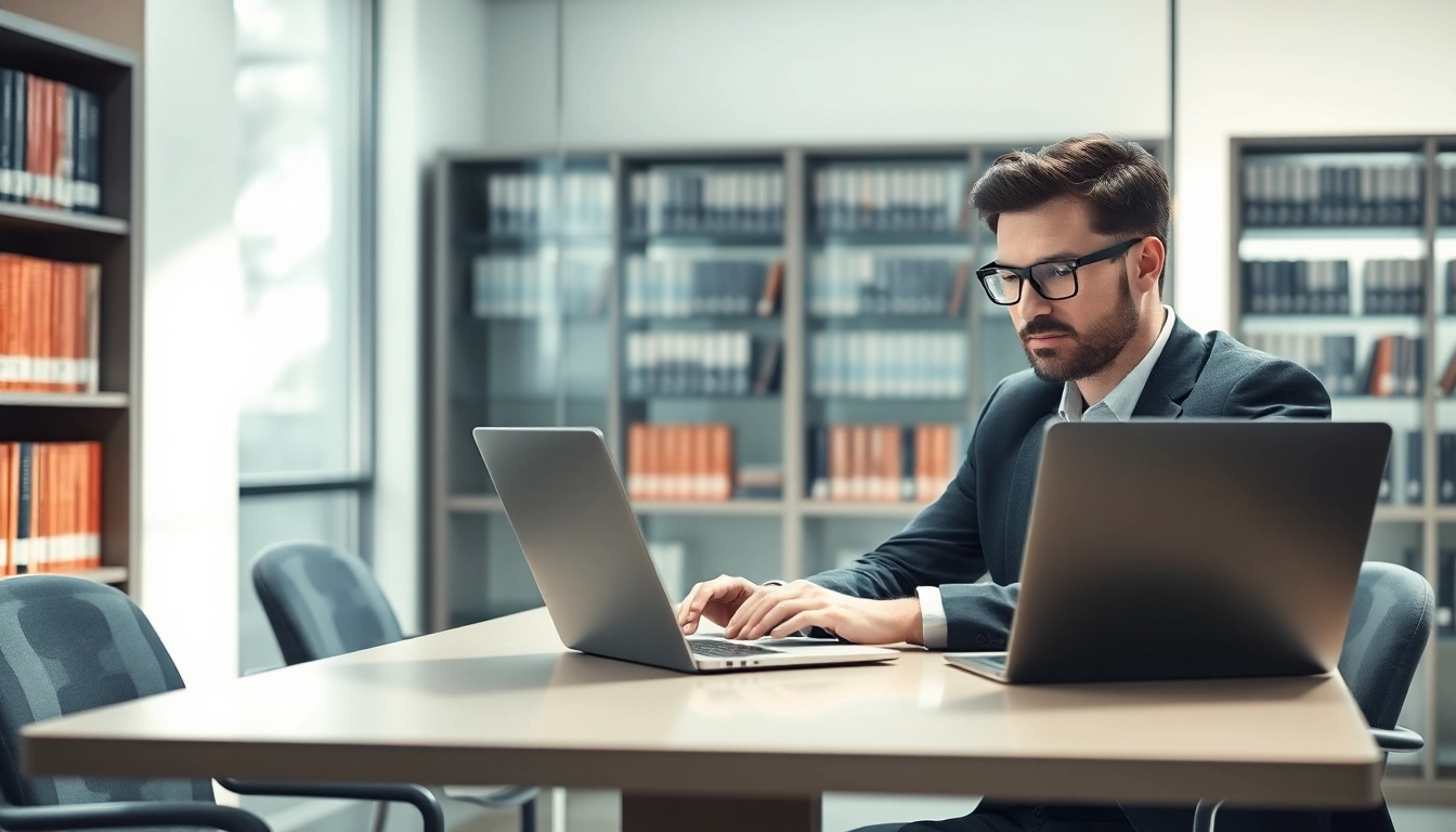 Headhunter Chemnitz bei der Arbeit in einem modernen Büro, Laptop und Fachliteratur sichtbar.