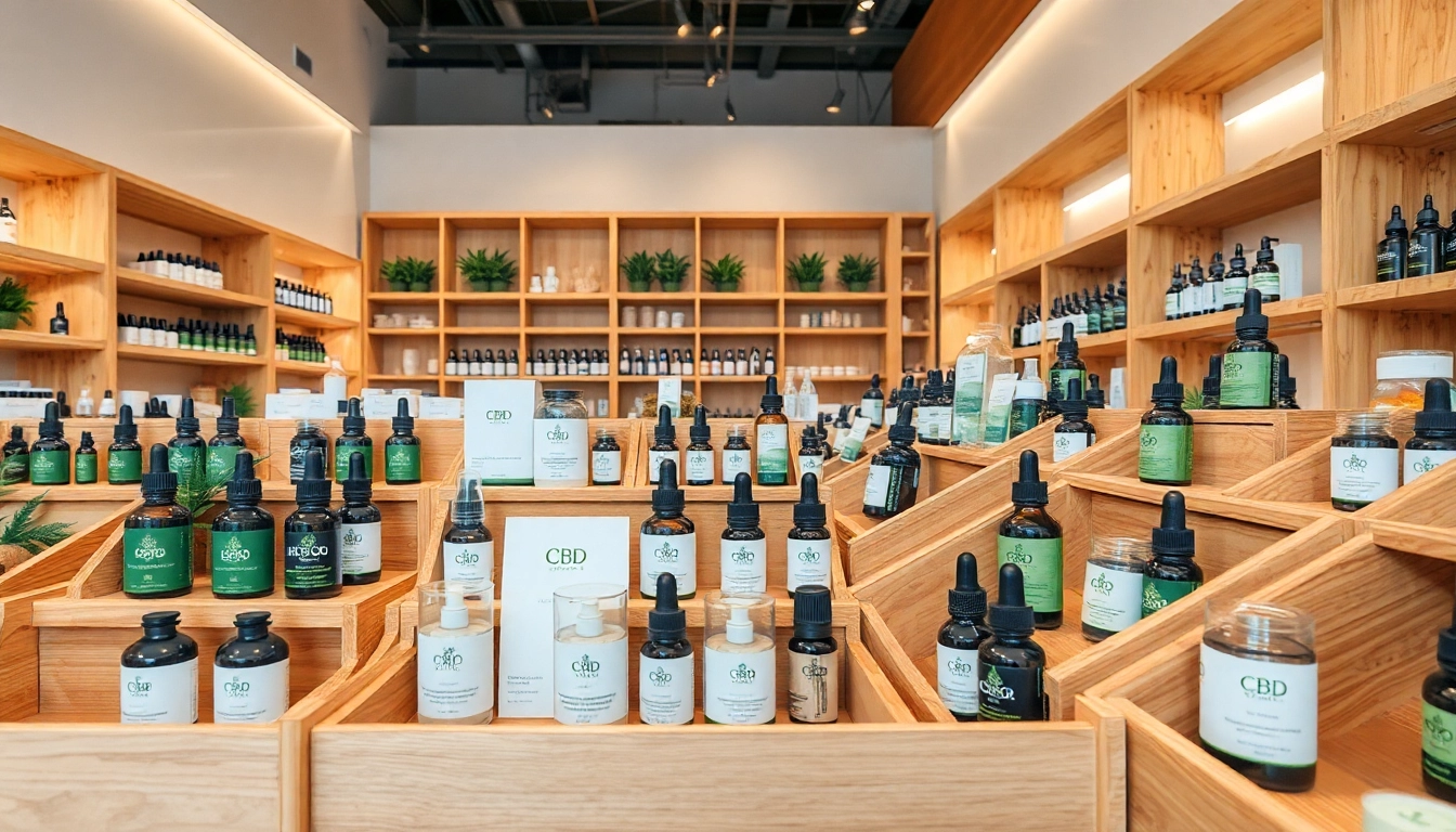 CBD kaufen: Hochwertige CBD-Produkte in einem modernen, freundlich beleuchteten Laden präsentieren.