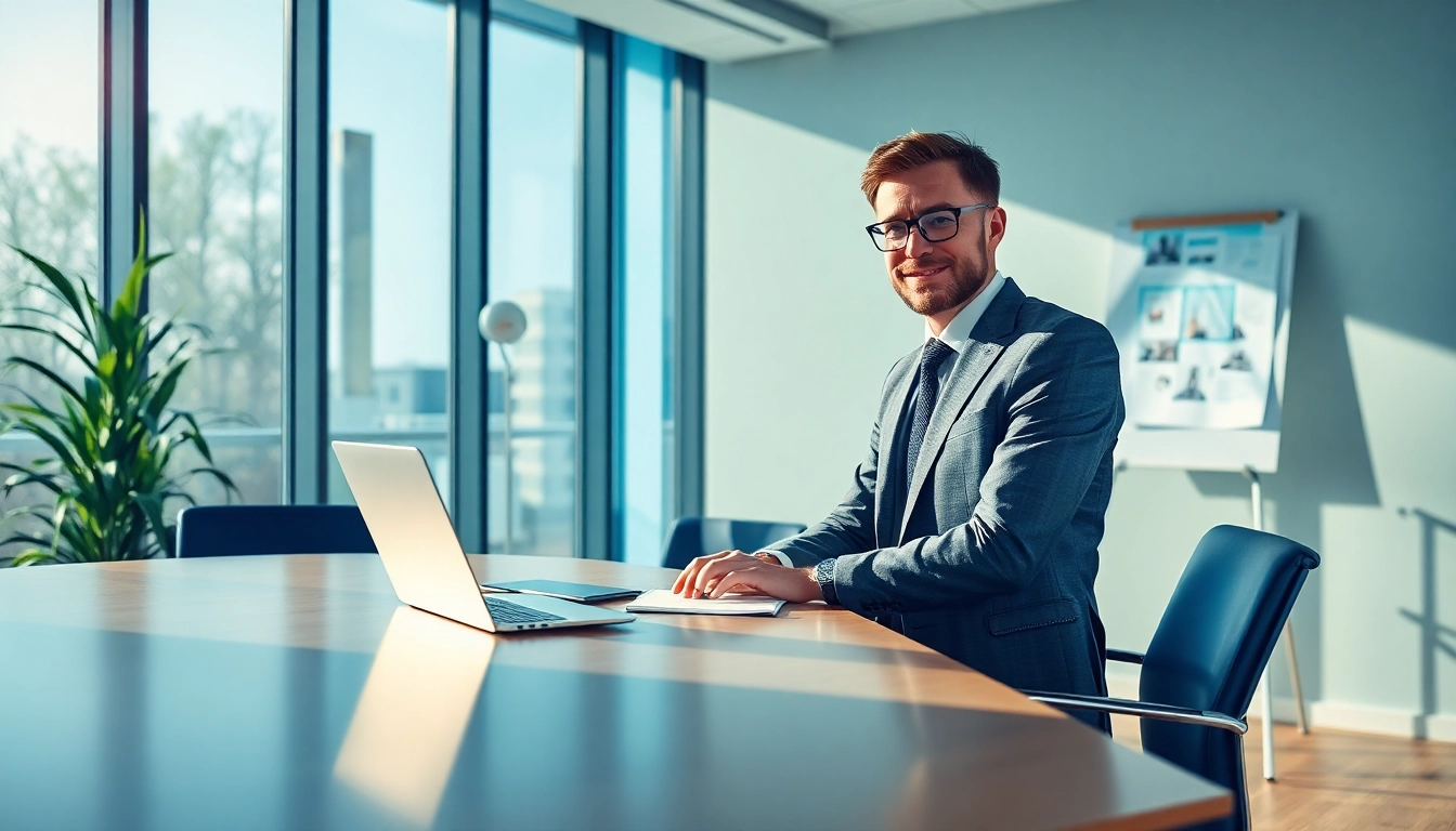 Headhunter IT berät Klienten in einem modernen Büro mit Laptop und Notizen.