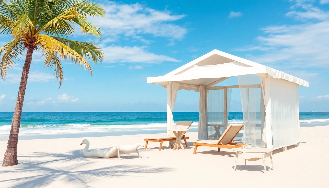 Coastal Cabana am Strand mit Liegestühlen und Palmen, sonnige Atmosphäre.