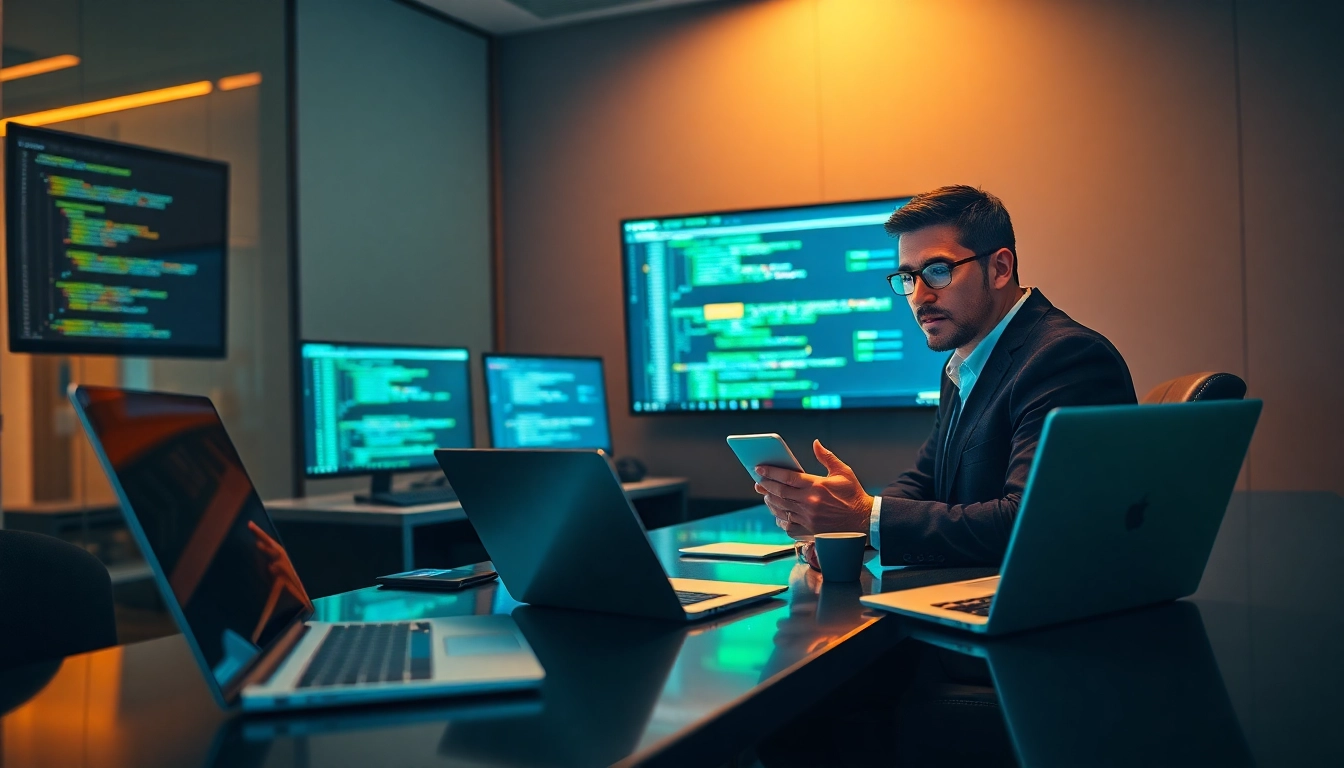 Headhunter IT professional analyzing candidates' profiles with advanced technology.