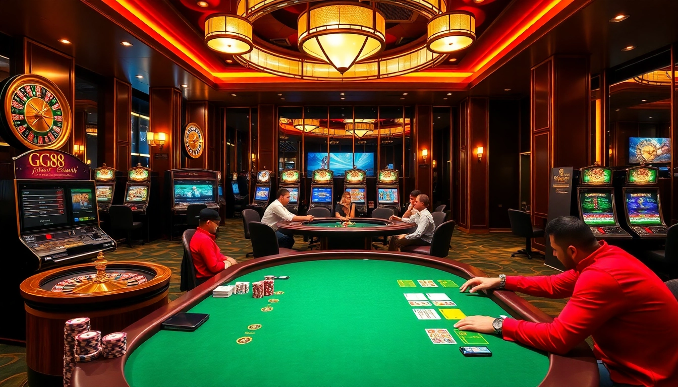 Engaging scene at GG88 casino with players surrounded by poker chips and roulette wheels.