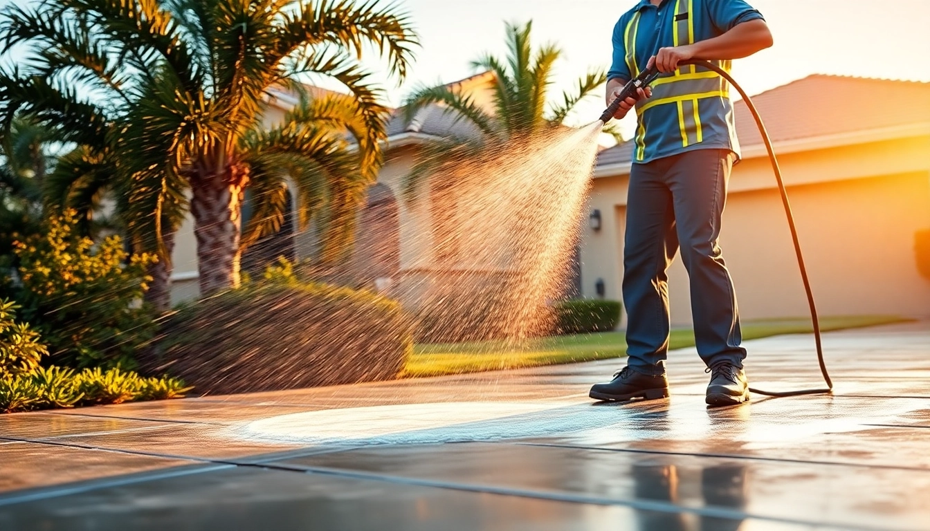 Driveway pressure wash in Kissimmee, Florida, showcasing a technician cleaning concrete with a pressure washer.