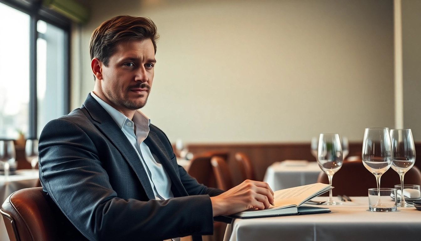 Headhunter Gastronomie im eleganten Restaurant, nachdenklich notierend.