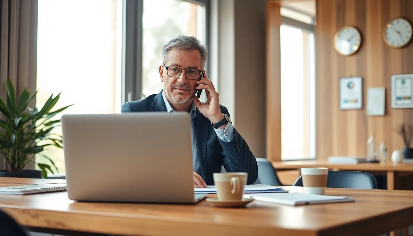 Headhunter Gastronomie engaged in a focused recruitment call at a modern office desk.
