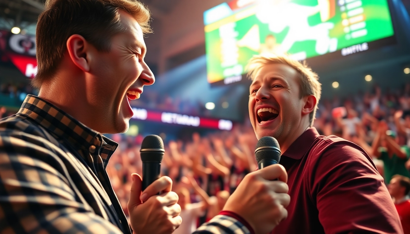 Excited announcer delivering Sports Broadcasting insights amidst cheering fans and bright lights.