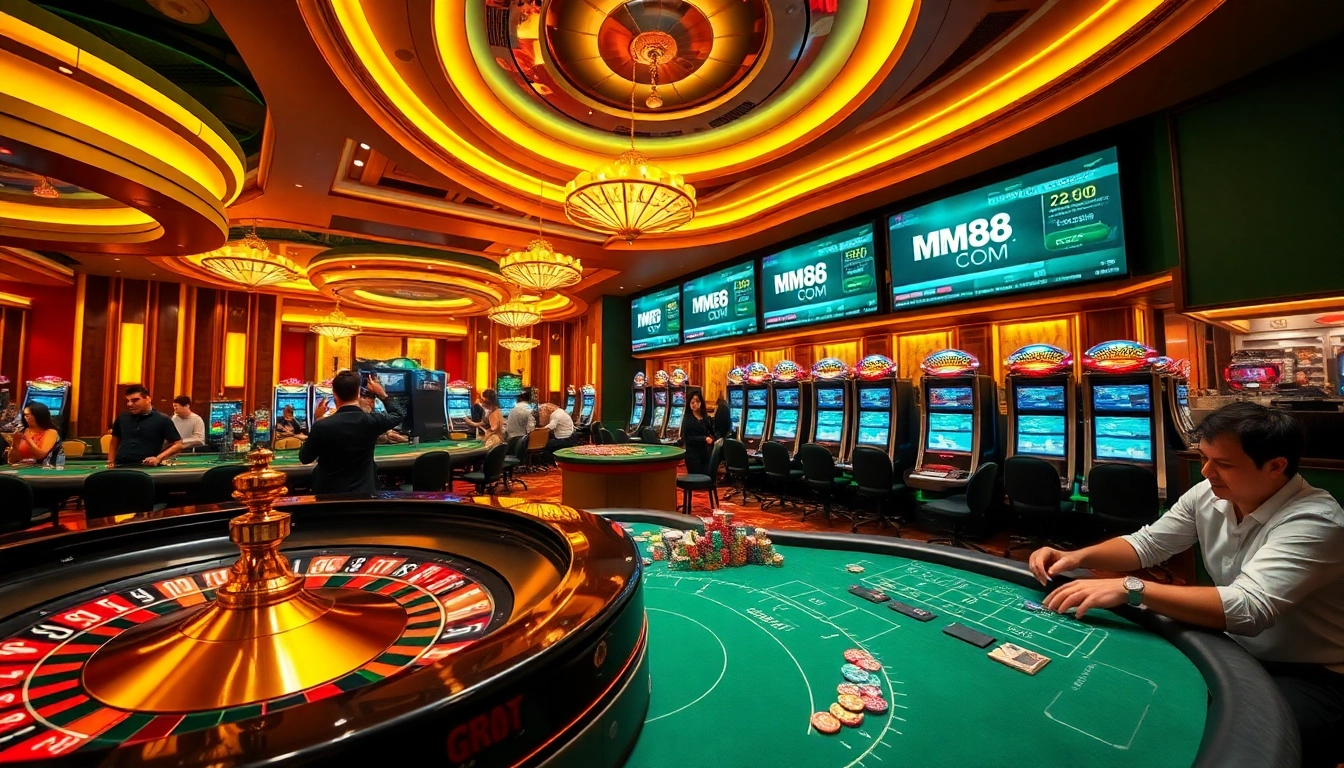 Exciting scene showcasing MM88 COM with vibrant casino games and players engaging in thrilling bets.