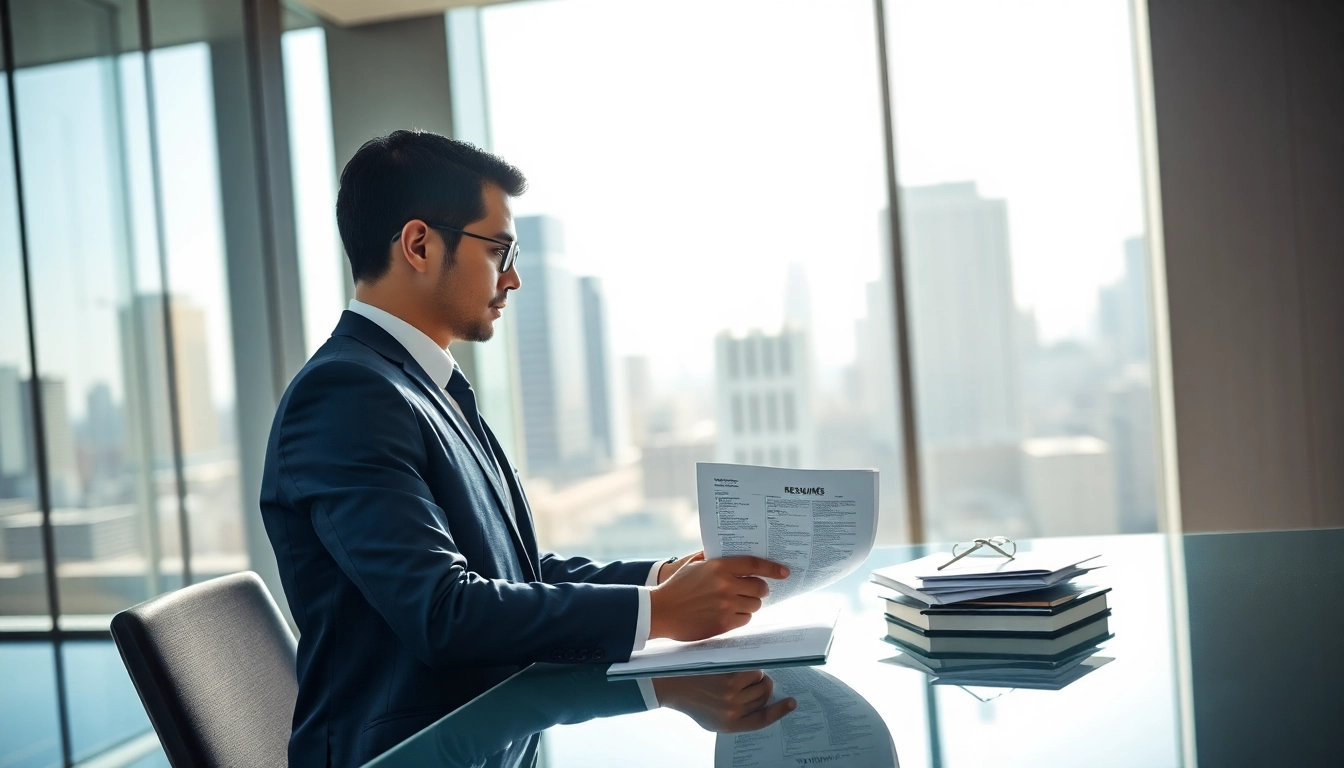 Headhunter Schweiz bei der Arbeit in einem modernen Büro mit urbanem Hintergrund.