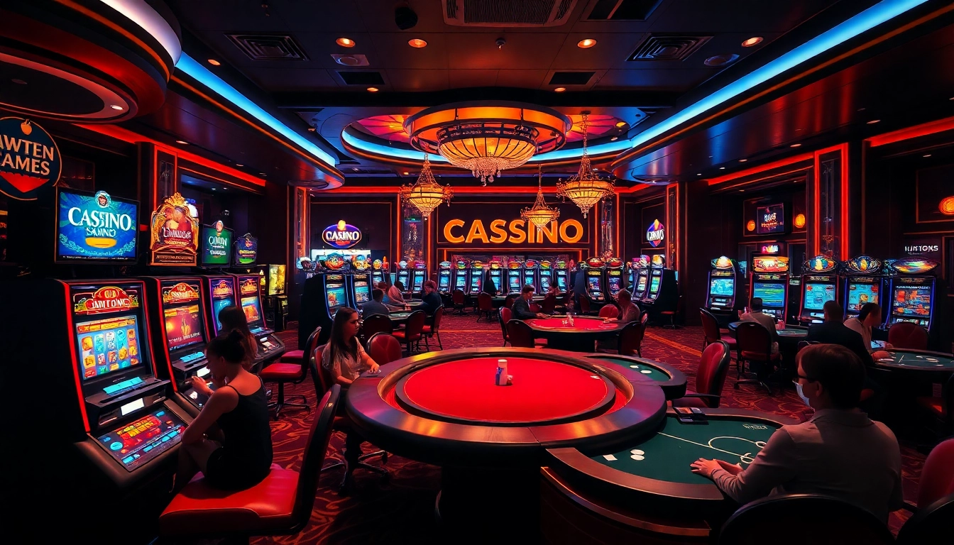 Online kaszinó élménye, slot gépekkel és kártyaasztalokkal egy elegáns környezetben.