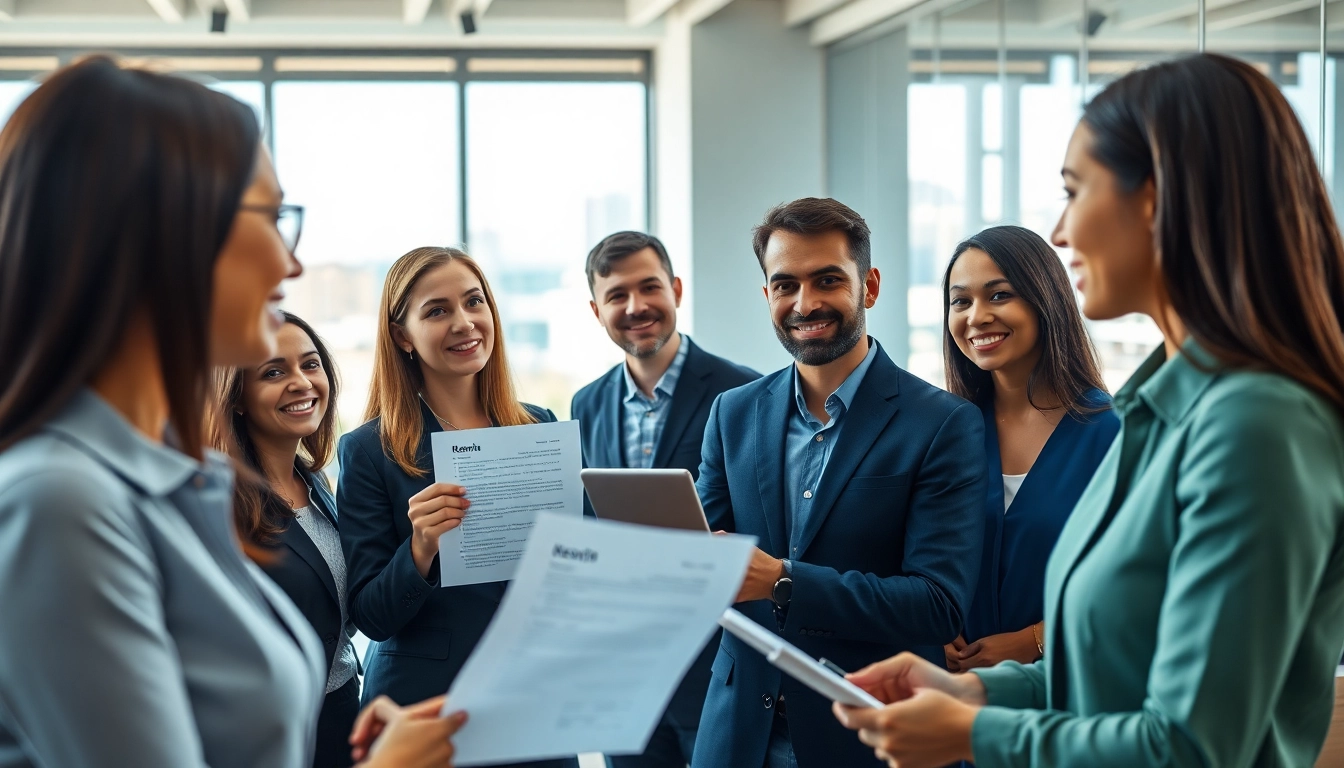 Personalvermittlung in einem modernen Raum, wo Fachleute Unterlagen diskutieren.