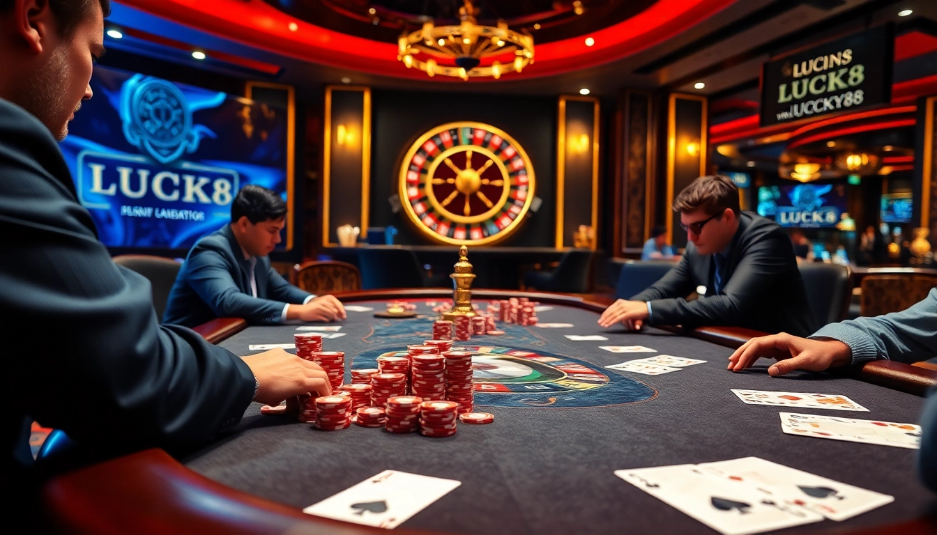 Các tay cược chuyên nghiệp chơi poker cược cao tại bàn casino LUCK8 giữa những chip cược sống động và bộ bài.